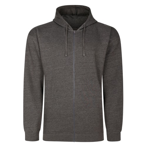 Front view of charcoal full zip hoody with drawstrings.