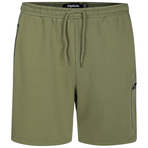 Khaki utility fleece shorts, straight front view.