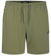 Khaki utility fleece shorts, straight front view.
