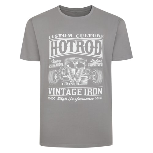 Grey tall T-shirt with white vintage hot rod front print.