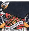 Thumbnail Sleeve detail over front graphic on navy acid wash T-shirt.