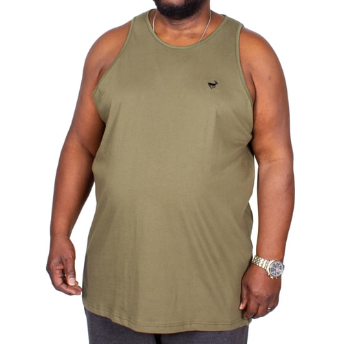 Khaki tank top with small embroidered chest logo, front view.