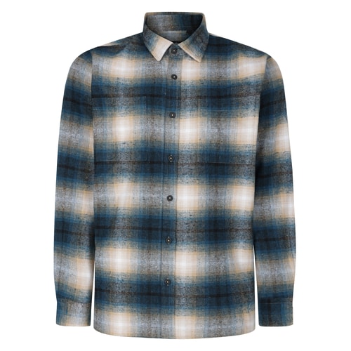 Front view of turquoise and cream checked flannel overshirt.