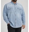 Thumbnail Light wash denim shirt worn on model, angled front view.