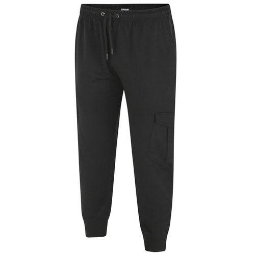 Black cargo sweatpants angled front flat view.