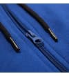 Thumbnail Close-up of blue front zip with black hood drawstrings.