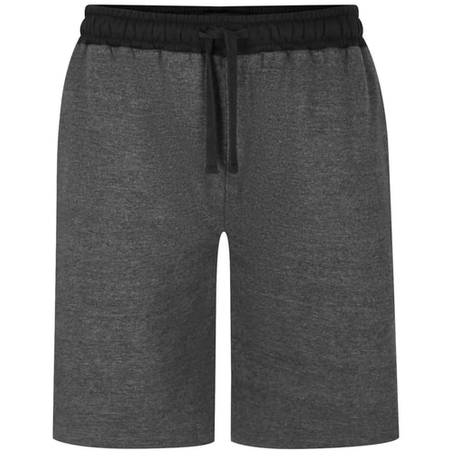 Charcoal sweat shorts with black contrast waistband, front view.