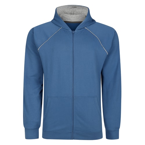 Front view of blue zip-up hoody with lined hood.