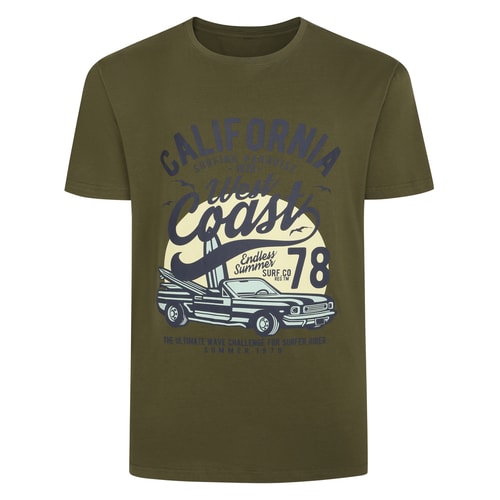 Khaki crew neck T-shirt with large West Coast front print.