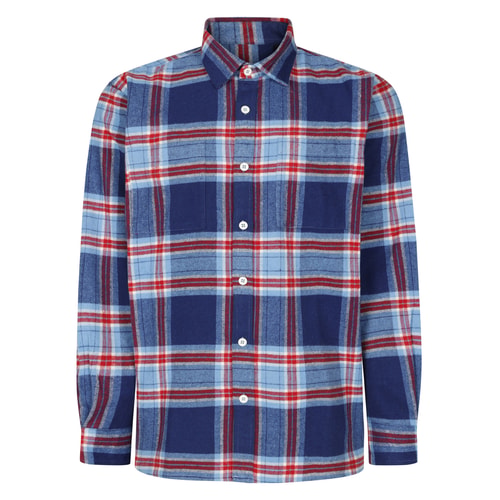 Front flat view of blue and red plaid flannel overshirt.