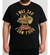 Thumbnail Model wearing the black food print T-shirt, front view.