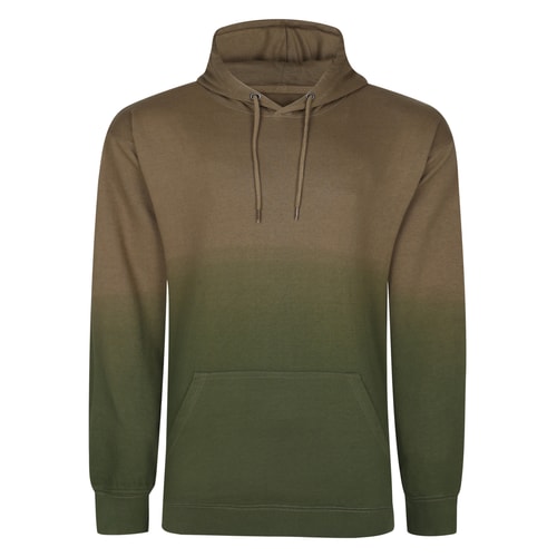 Front view of khaki to dark khaki ombre pullover hoodie.