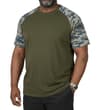 Thumbnail Khaki raglan T-shirt with camo sleeves worn on model.