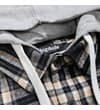 Thumbnail Close-up of grey hood and white drawstrings at collar.