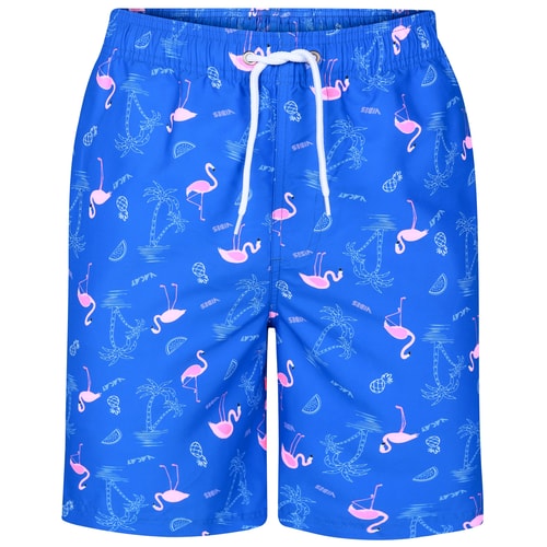Alternate front view of royal blue flamingo swim shorts.
