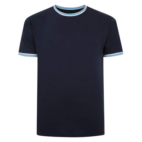 Navy tall T-shirt with contrast tipped crew neck, front view.