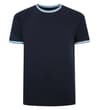 Navy tall T-shirt with contrast tipped crew neck, front view.