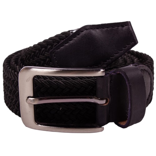 Black braided stretch belt with silver pin buckle.