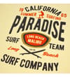 Thumbnail Close-up of the Paradise surfing graphic on pale yellow fabric.