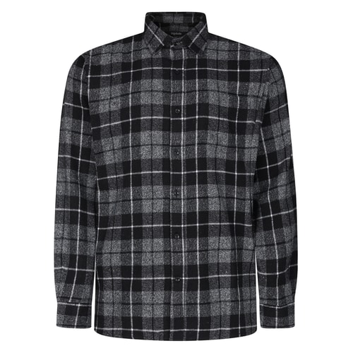 Black and grey checked flannel shirt, front view.