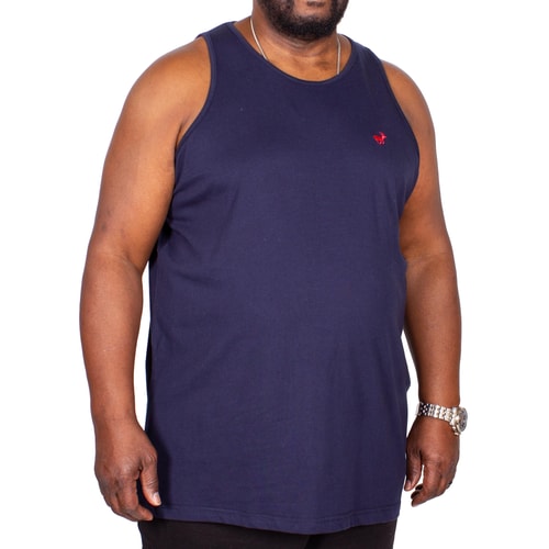 Navy tank top with small red chest logo, angled front view.