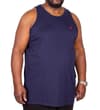 Navy tank top with small red chest logo, angled front view.