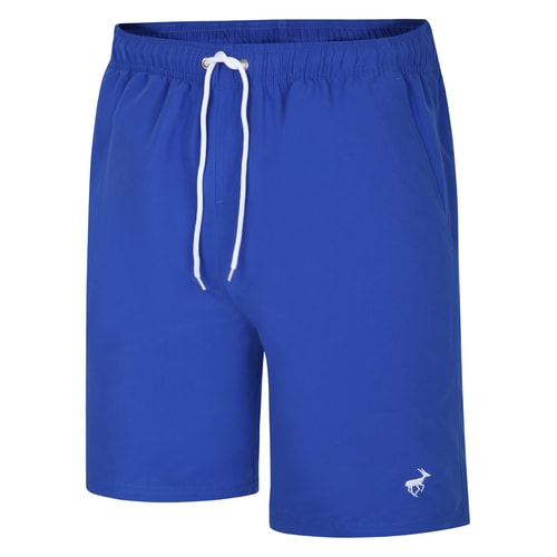 Angled front view of royal blue swim shorts with logo.