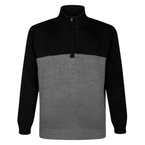 Front view of black and charcoal colour block half zip jumper.