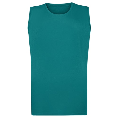 Green sleeveless crew neck t-shirt, front flat view.