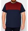 Thumbnail Model wearing the navy and burgundy panelled crew neck T-shirt.
