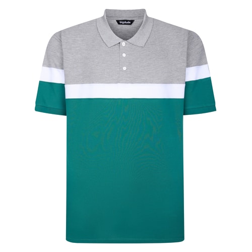 Teal, white and grey colour block polo shirt, front flat view.