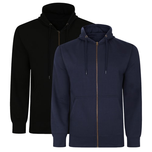 Black and navy zip hoodies shown together, front view.