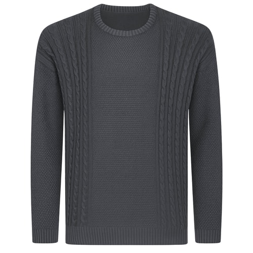 Front view of charcoal marl cable knit crew neck jumper.