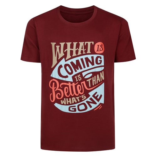 Burgundy crew neck T-shirt with large slogan front print.