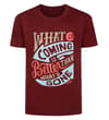Burgundy crew neck T-shirt with large slogan front print.