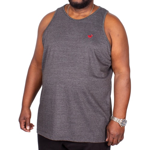 Charcoal tall tank top with red chest logo, front view.