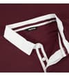 Thumbnail Close-up of the contrasting white collar and button placket on a burgundy long sleeve rugby shirt, featuring striped internal neck tape.