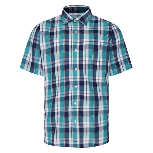 Front view of sage green short sleeve check shirt.