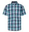 Front view of sage green short sleeve check shirt.