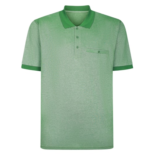 Front view of light green polo shirt with contrast collar and chest pocket detail.