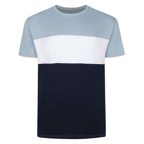 Front view of striped T-shirt in light blue, white and navy.