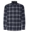 Front view of navy and white checked flannel shirt.