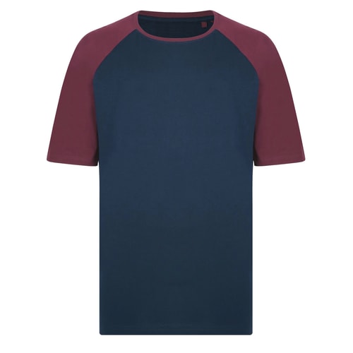 Navy raglan T-shirt with burgundy sleeves, front view.