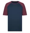 Navy raglan T-shirt with burgundy sleeves, front view.