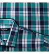 Thumbnail Close-up of collar and check pattern on sage green shirt.