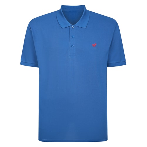 Front view of dusty blue short sleeve polo shirt.