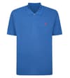Front view of dusty blue short sleeve polo shirt.