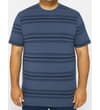 Thumbnail Model wearing dark denim blue striped T-shirt, front view.
