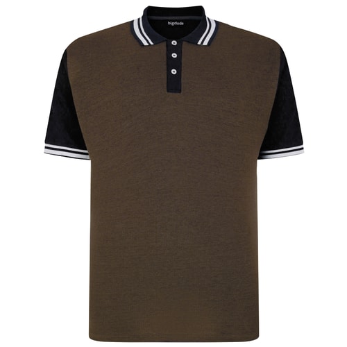 Front view of brown polo shirt with black sleeves and collar.