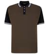 Front view of brown polo shirt with black sleeves and collar.